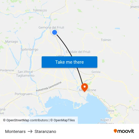 Montenars to Staranzano map