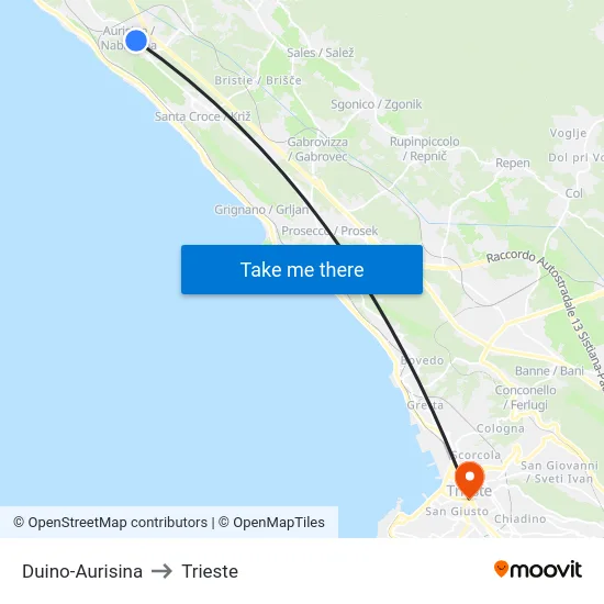 Duino-Aurisina to Trieste map
