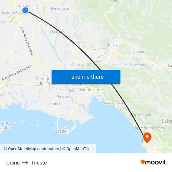 Udine to Trieste map