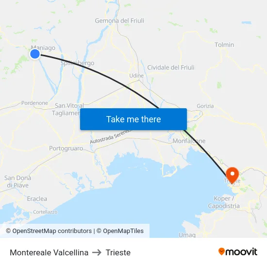 Montereale Valcellina to Trieste map