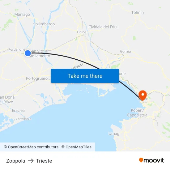 Zoppola to Trieste map