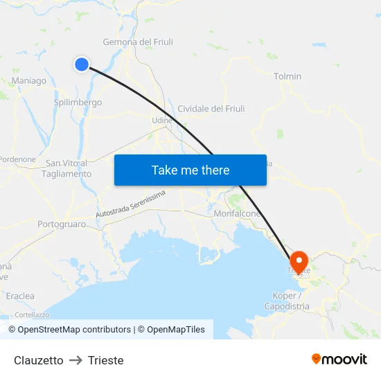 Clauzetto to Trieste map