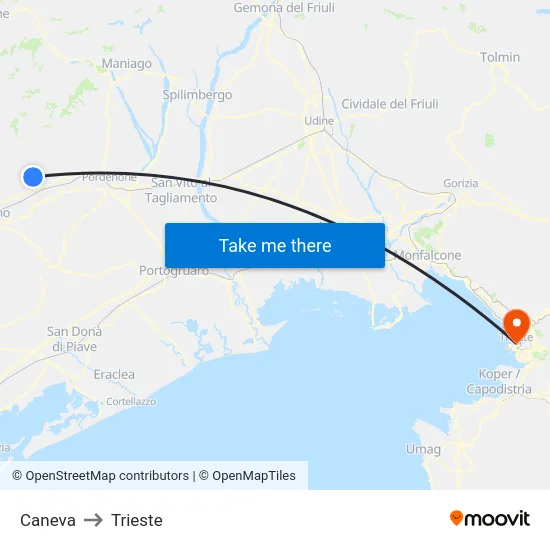 Caneva to Trieste map