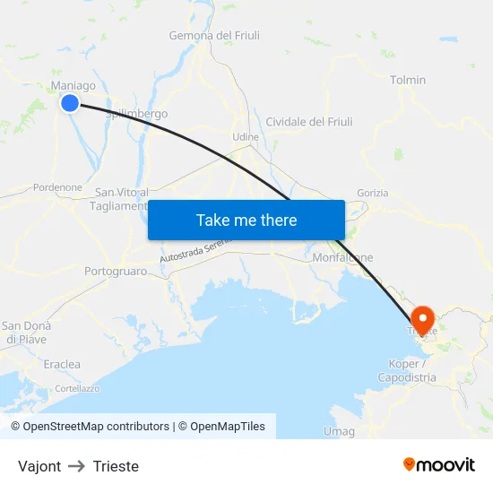 Vajont to Trieste map