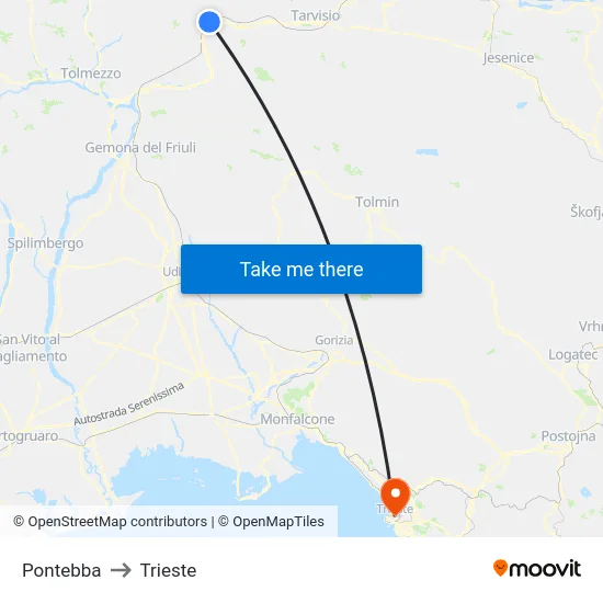 Pontebba to Trieste map