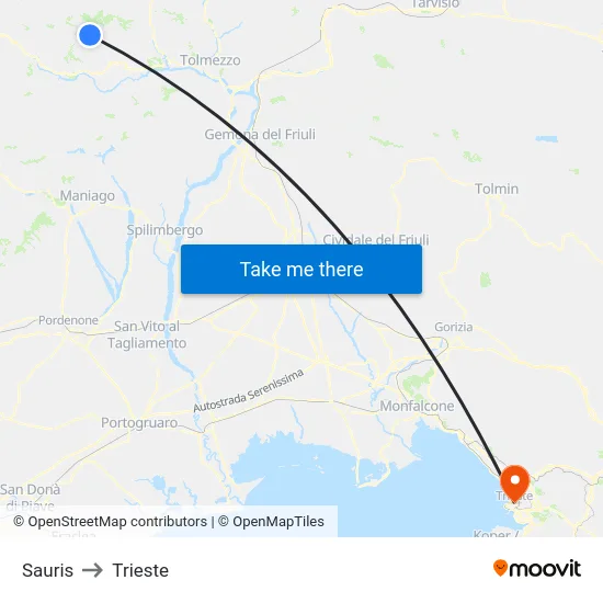 Sauris to Trieste map