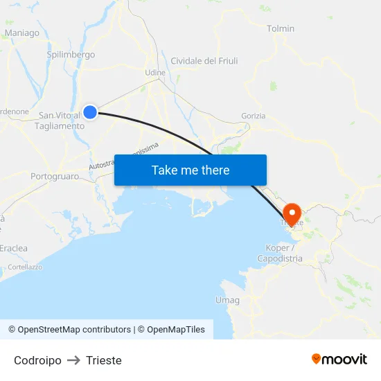 Codroipo to Trieste map
