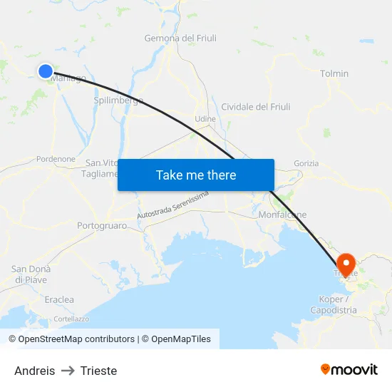 Andreis to Trieste map