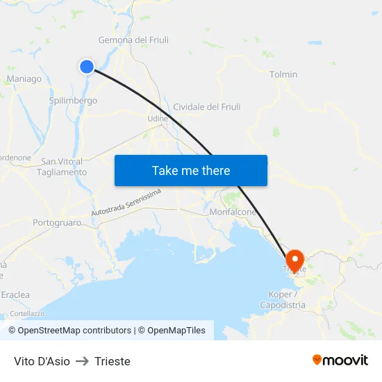 Vito D'Asio to Trieste map