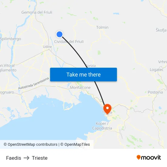 Faedis to Trieste map