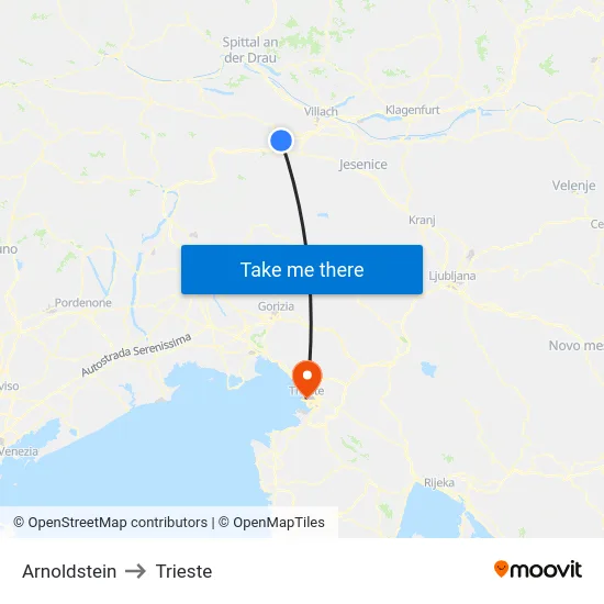 Arnoldstein to Trieste map