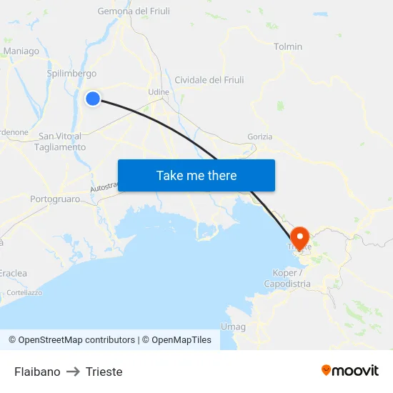 Flaibano to Trieste map