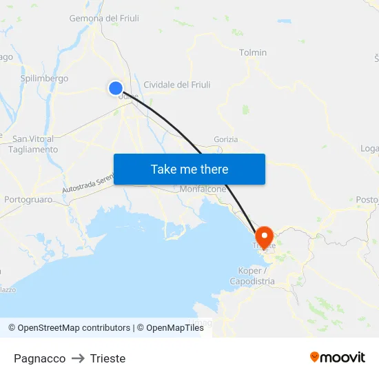 Pagnacco to Trieste map