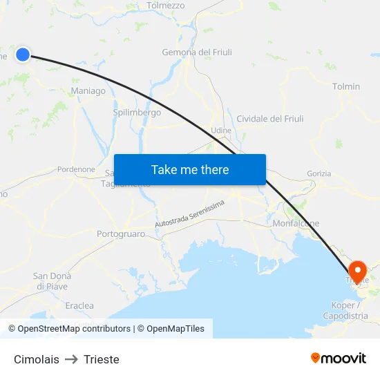 Cimolais to Trieste map