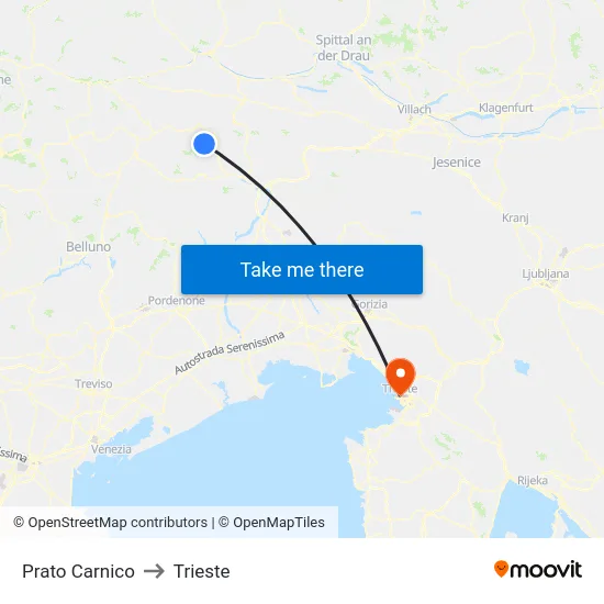 Prato Carnico to Trieste map