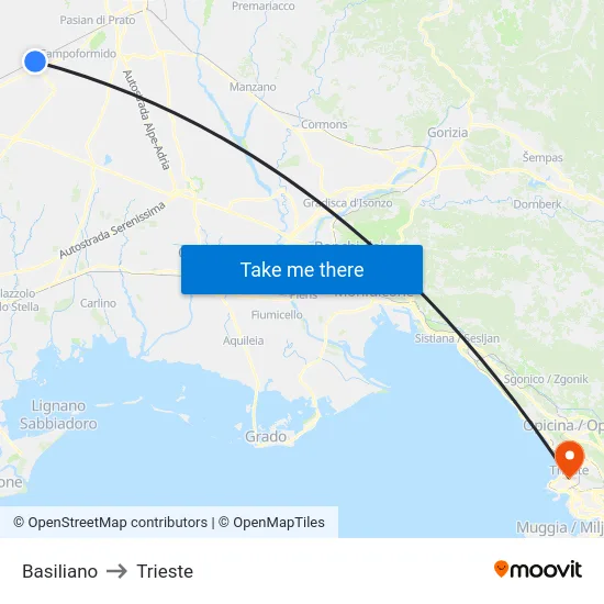 Basiliano to Trieste map