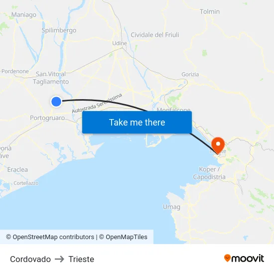 Cordovado to Trieste map