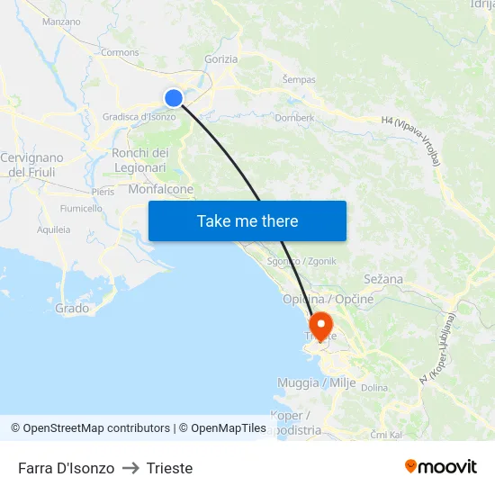 Farra D'Isonzo to Trieste map