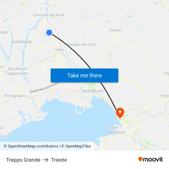 Treppo Grande to Trieste map