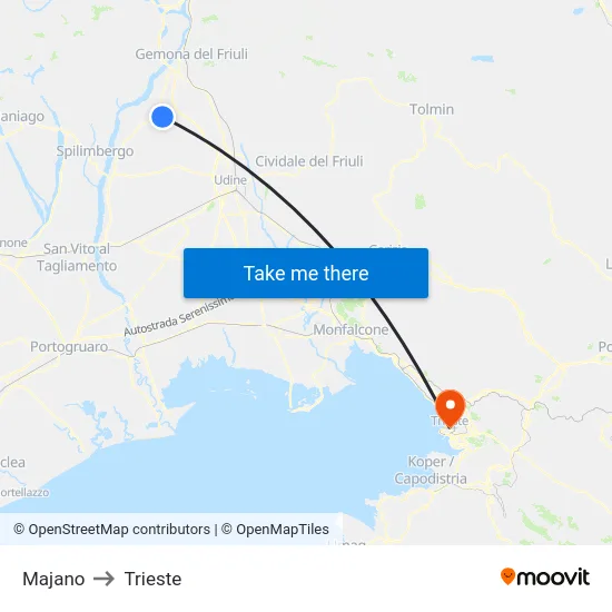 Majano to Trieste map