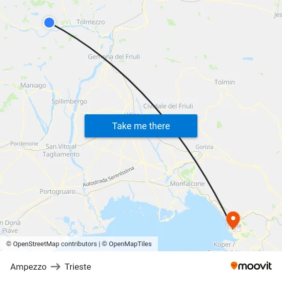 Ampezzo to Trieste map