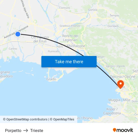Porpetto to Trieste map