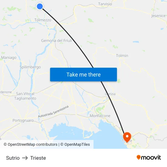 Sutrio to Trieste map