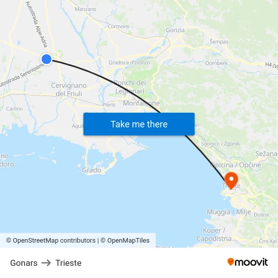 Gonars to Trieste map