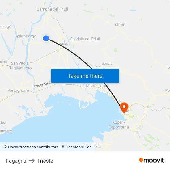 Fagagna to Trieste map