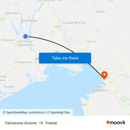 Valvasone Arzene to Trieste map