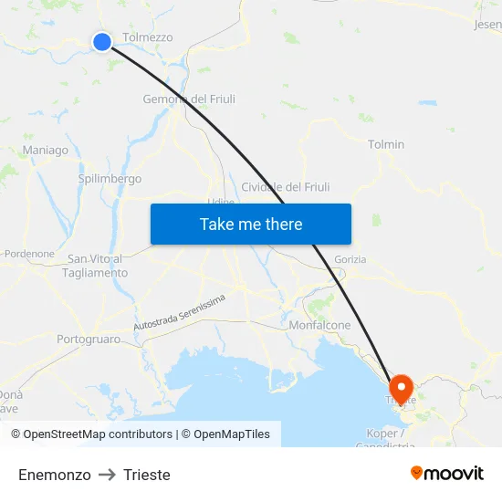 Enemonzo to Trieste map