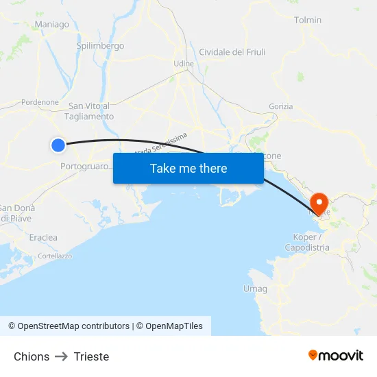 Chions to Trieste map