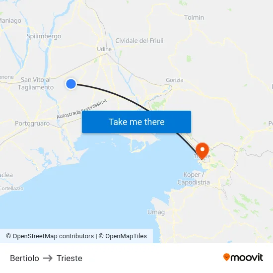 Bertiolo to Trieste map