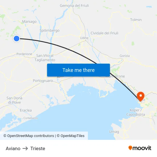Aviano to Trieste map