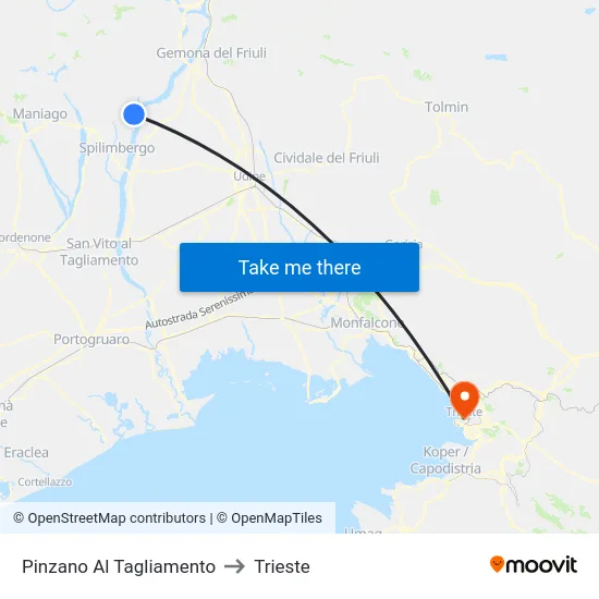 Pinzano Al Tagliamento to Trieste map