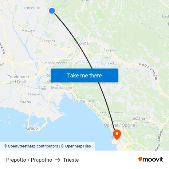 Prepotto / Prapotno to Trieste map