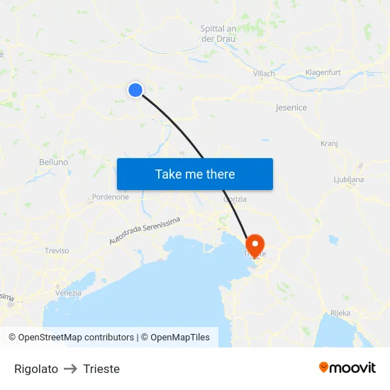 Rigolato to Trieste map