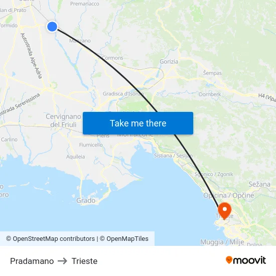 Pradamano to Trieste map