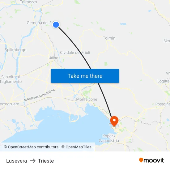Lusevera to Trieste map