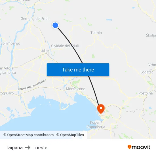 Taipana to Trieste map