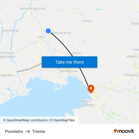 Povoletto to Trieste map