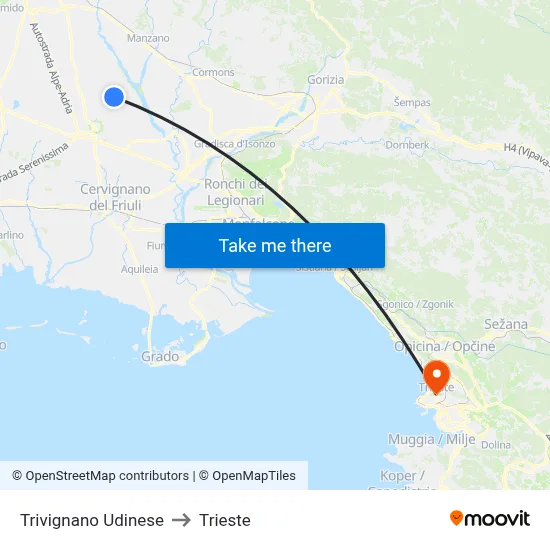 Trivignano Udinese to Trieste map