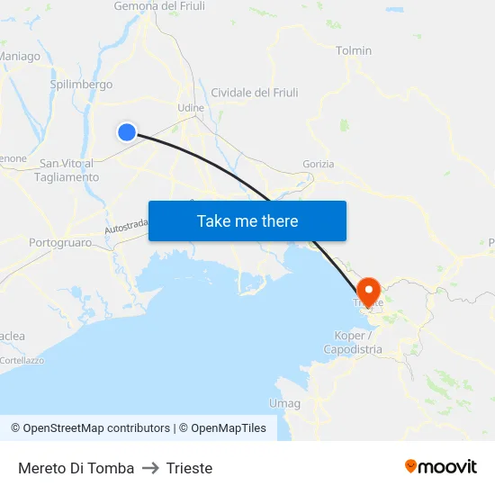 Mereto Di Tomba to Trieste map