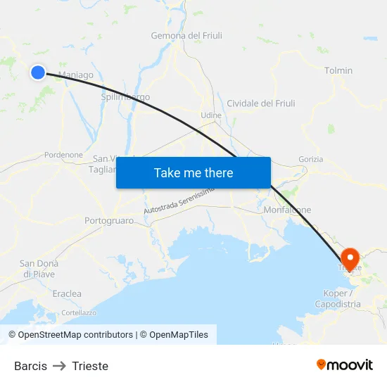 Barcis to Trieste map