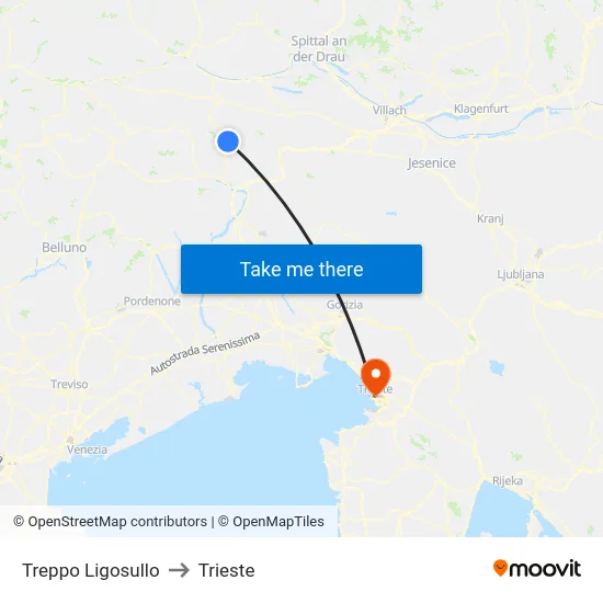 Treppo Ligosullo to Trieste map