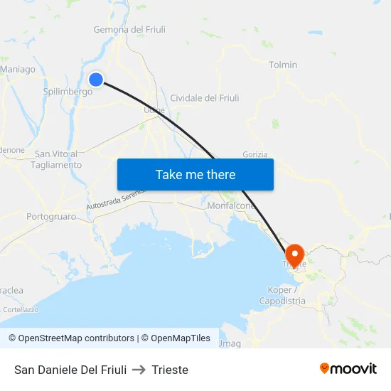 San Daniele Del Friuli to Trieste map