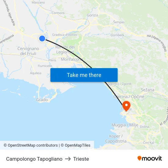 Campolongo Tapogliano to Trieste map