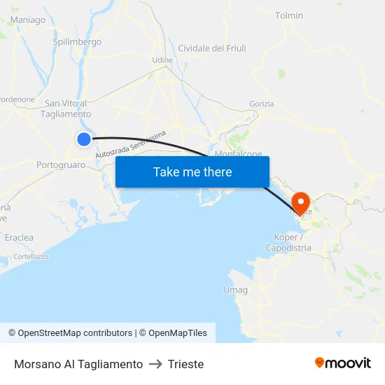 Morsano Al Tagliamento to Trieste map