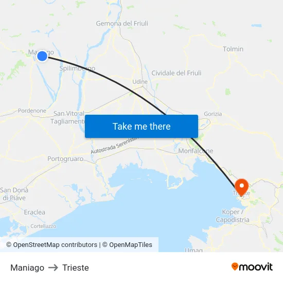 Maniago to Trieste map