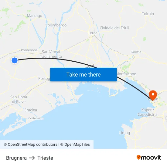 Brugnera to Trieste map